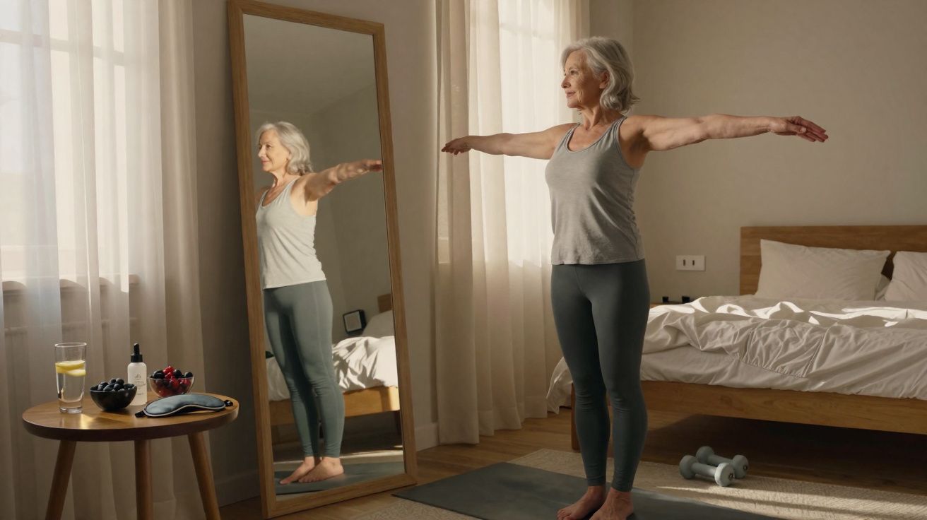 Mulher idosa a fazer exercícios com os braços abertos em frente a um espelho num quarto iluminado.
