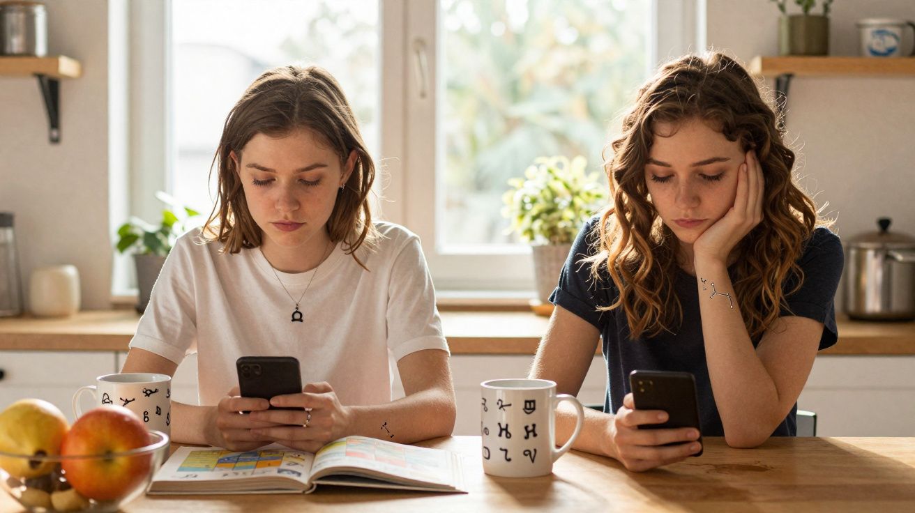 Duas jovens sentadas à mesa da cozinha, cada uma usando um telemóvel com xícaras e frutas à frente.