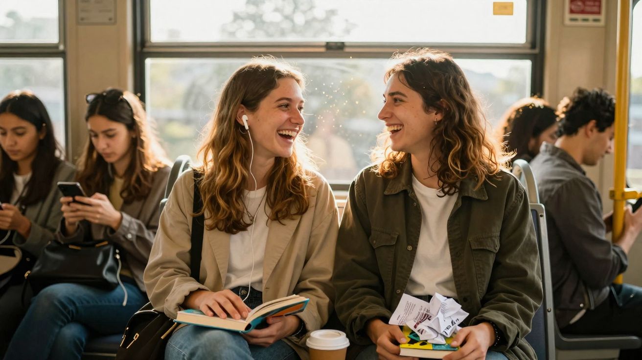 Duas jovens sorridentes conversam sentadas num autocarro, rodeadas por outros passageiros focados nos seus dispositivos.