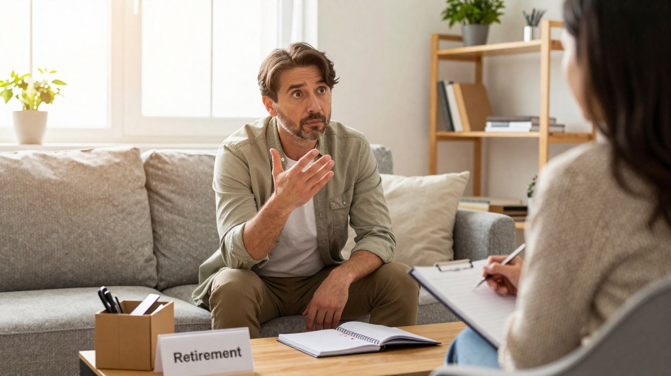 Homem fala com conselheira em sessão sobre planeamento da reforma numa sala cómoda e iluminada.