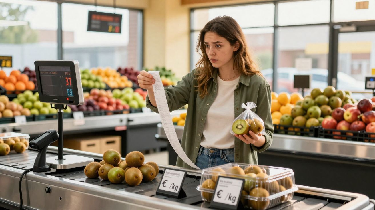 Mulher no supermercado consulta o talão enquanto segura embalagem de kiwis junto à balança.