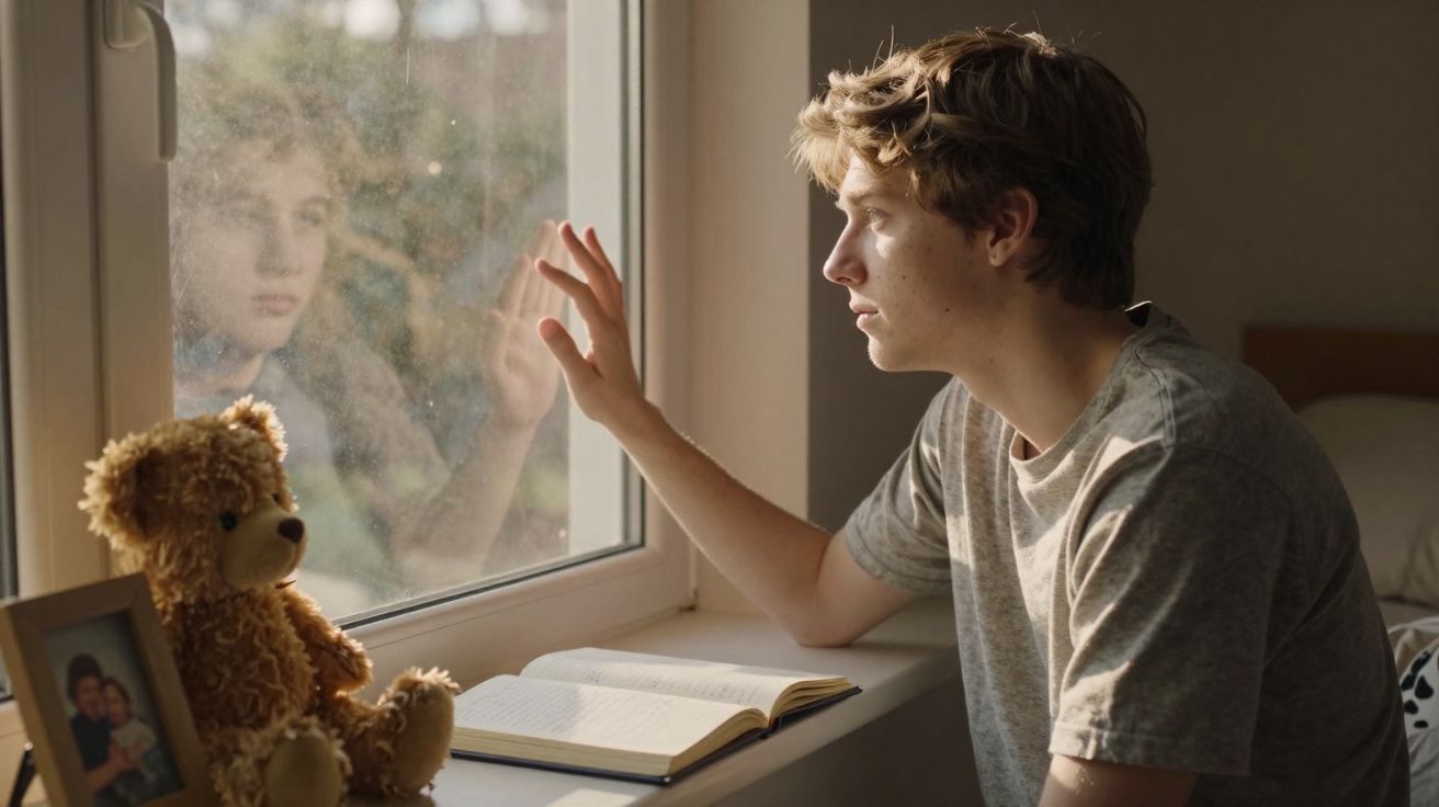 Rapaz jovem sentado junto à janela com expressão pensativa e mão tocando o vidro, livro aberto no peitoril.