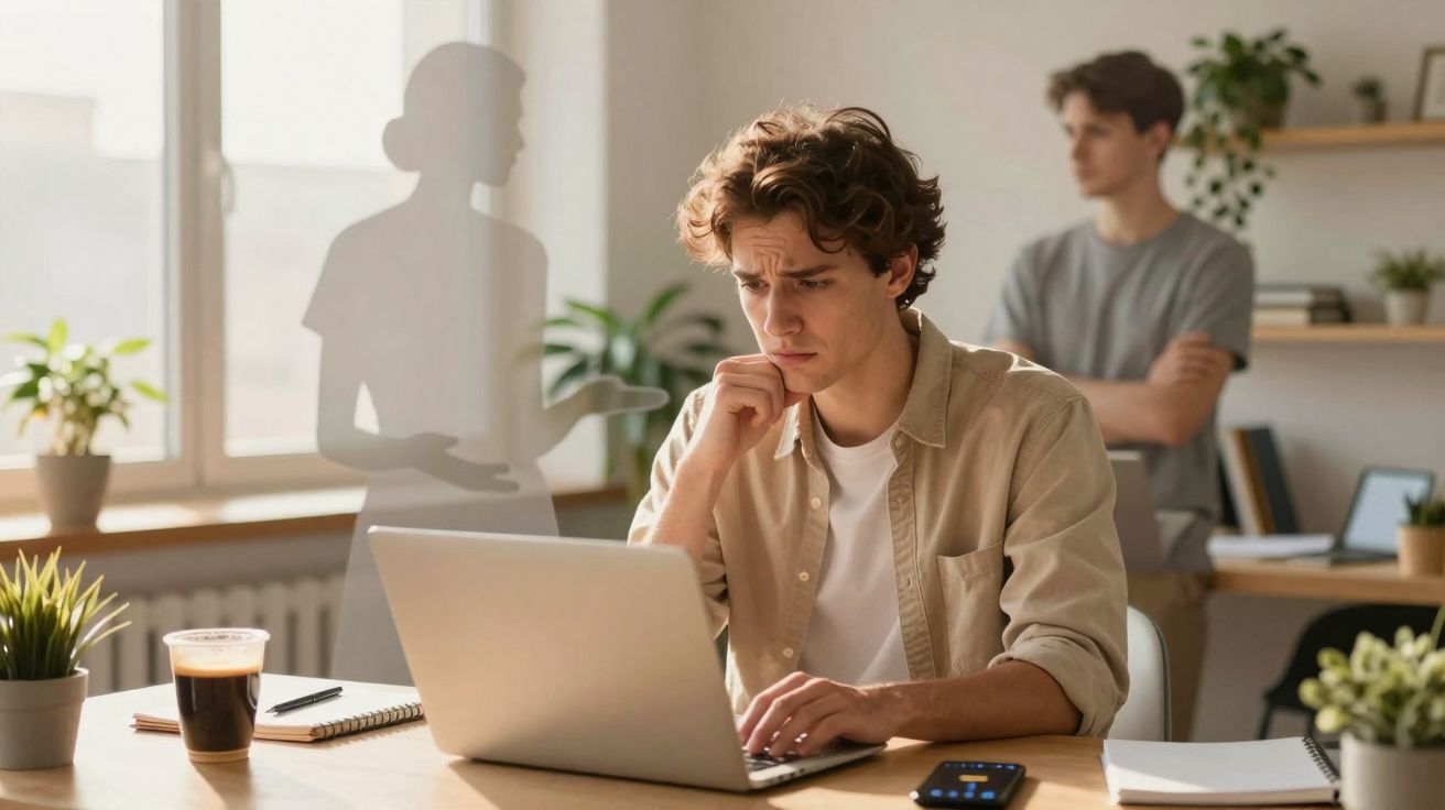Jovem preocupado a trabalhar no computador com duas pessoas em segundo plano, numa sala iluminada.