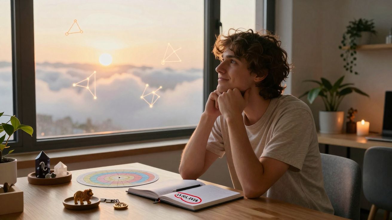Jovem sentado à mesa, olhando pela janela para o pôr do sol com constelações digitais visíveis no céu.