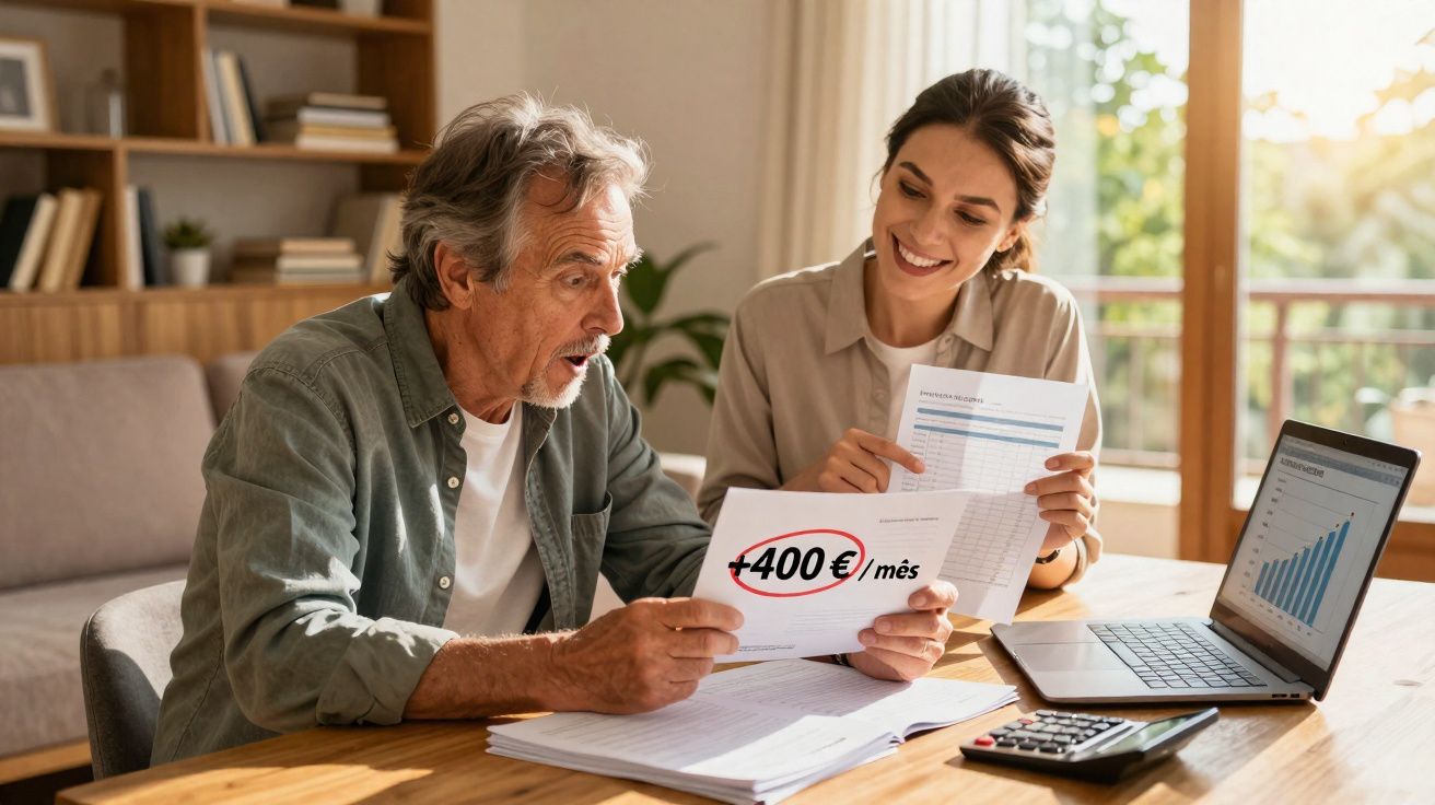 Homem surpreso e mulher sorridente analisam documentos financeiros numa mesa com portátil e calculadora.