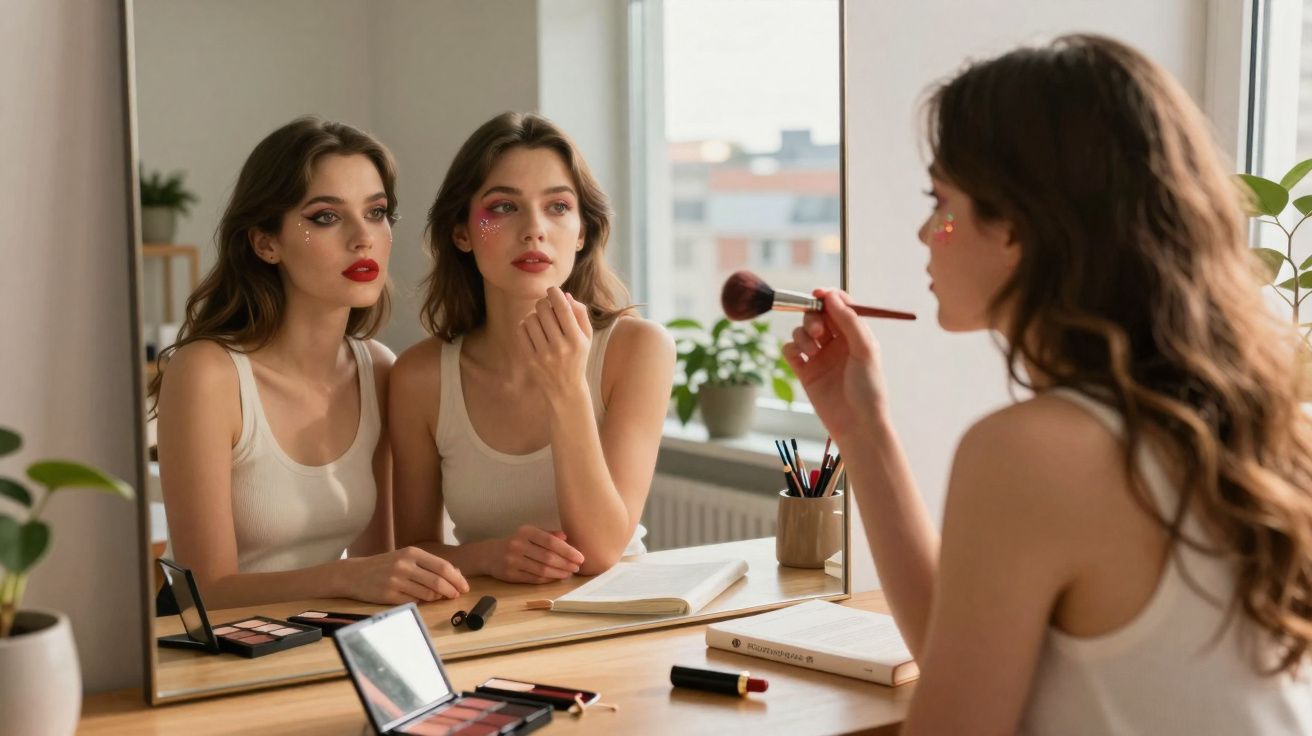 Mulher jovem a aplicar maquilhagem sentada à secretária com espelho num quarto iluminado.
