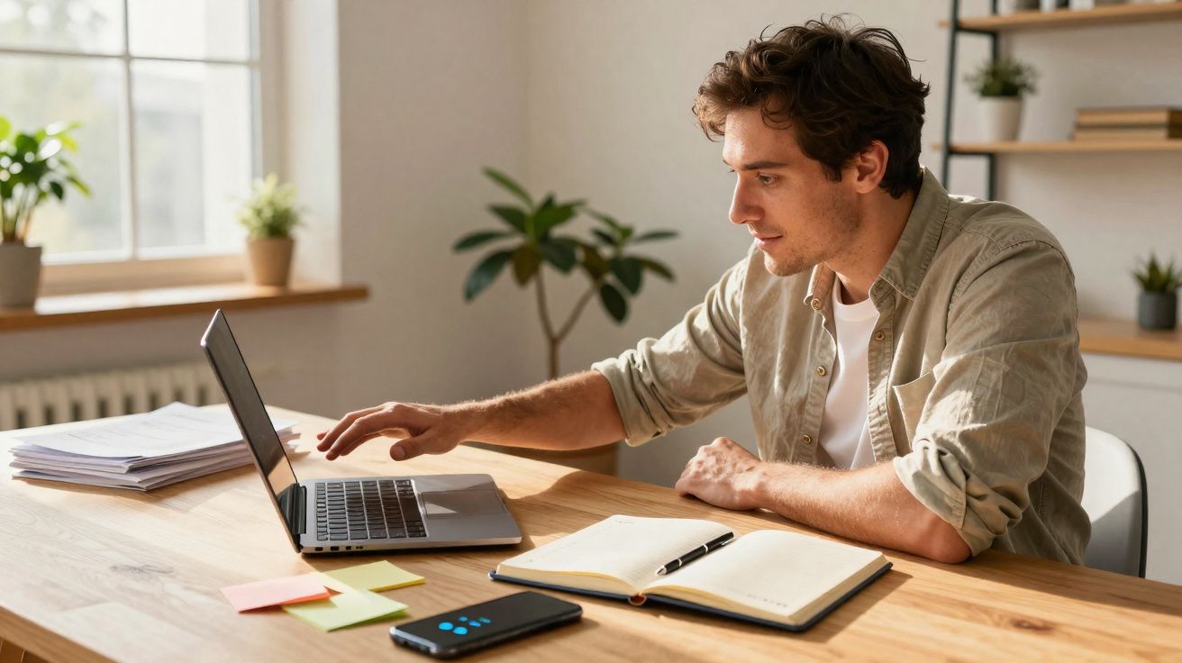 Homem a trabalhar num portátil numa mesa com caderno, telemóvel e papéis, em ambiente claro e organizado.
