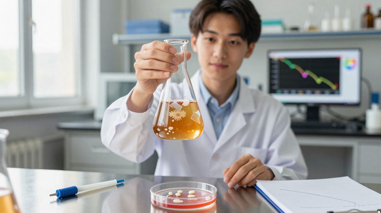 Cientista segura frasco com líquido cor âmbar em laboratório com placas de Petri e computador ao fundo.