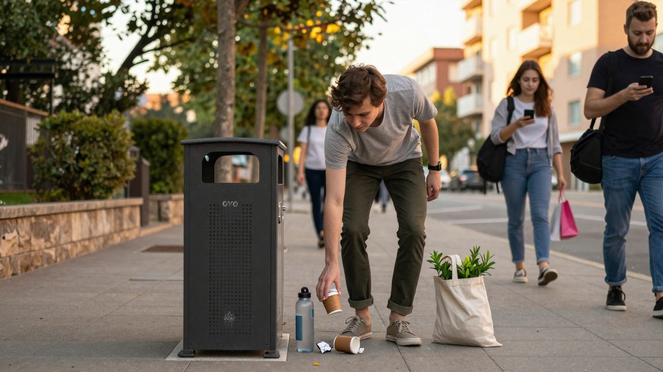 Homem a apanhar copos de café caídos no chão na rua, com pessoas a caminhar ao fundo.