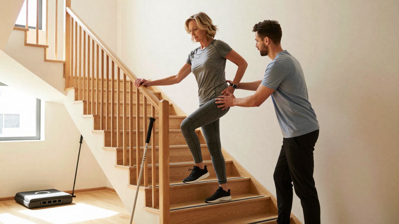 Mulher com roupa desportiva a subir escadas com auxílio de homem em ambiente interior iluminado.