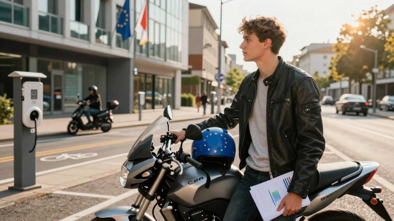 Jovem com jaqueta preta segura papéis e está ao lado de moto prata numa rua com luz do sol ao fundo.
