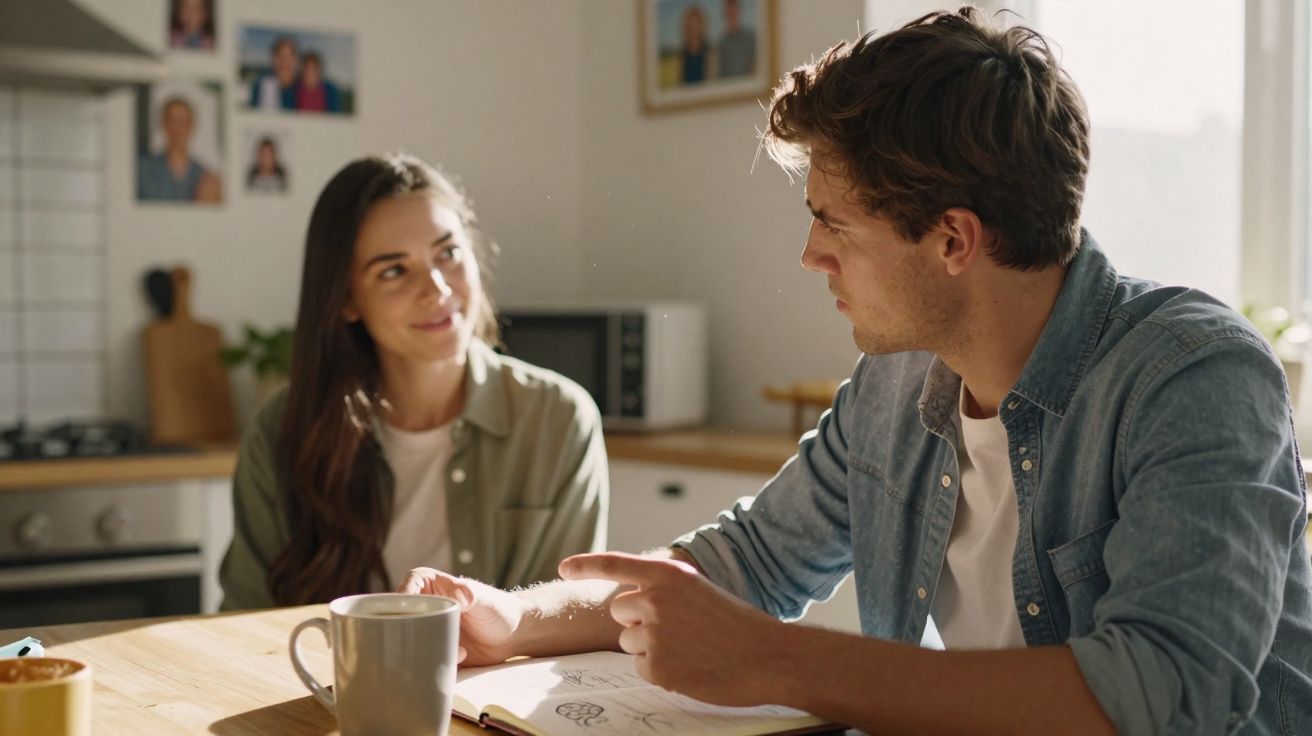 Jovem casal conversa à mesa de cozinha com canecas e caderno aberto em ambiente iluminado e acolhedor.