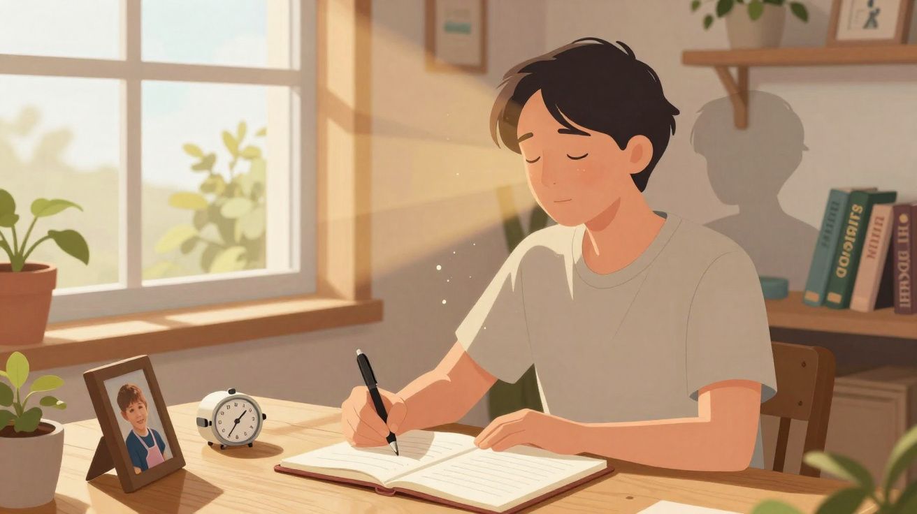 Jovem a escrever num caderno numa mesa junto à janela, rodeado por plantas e livros.