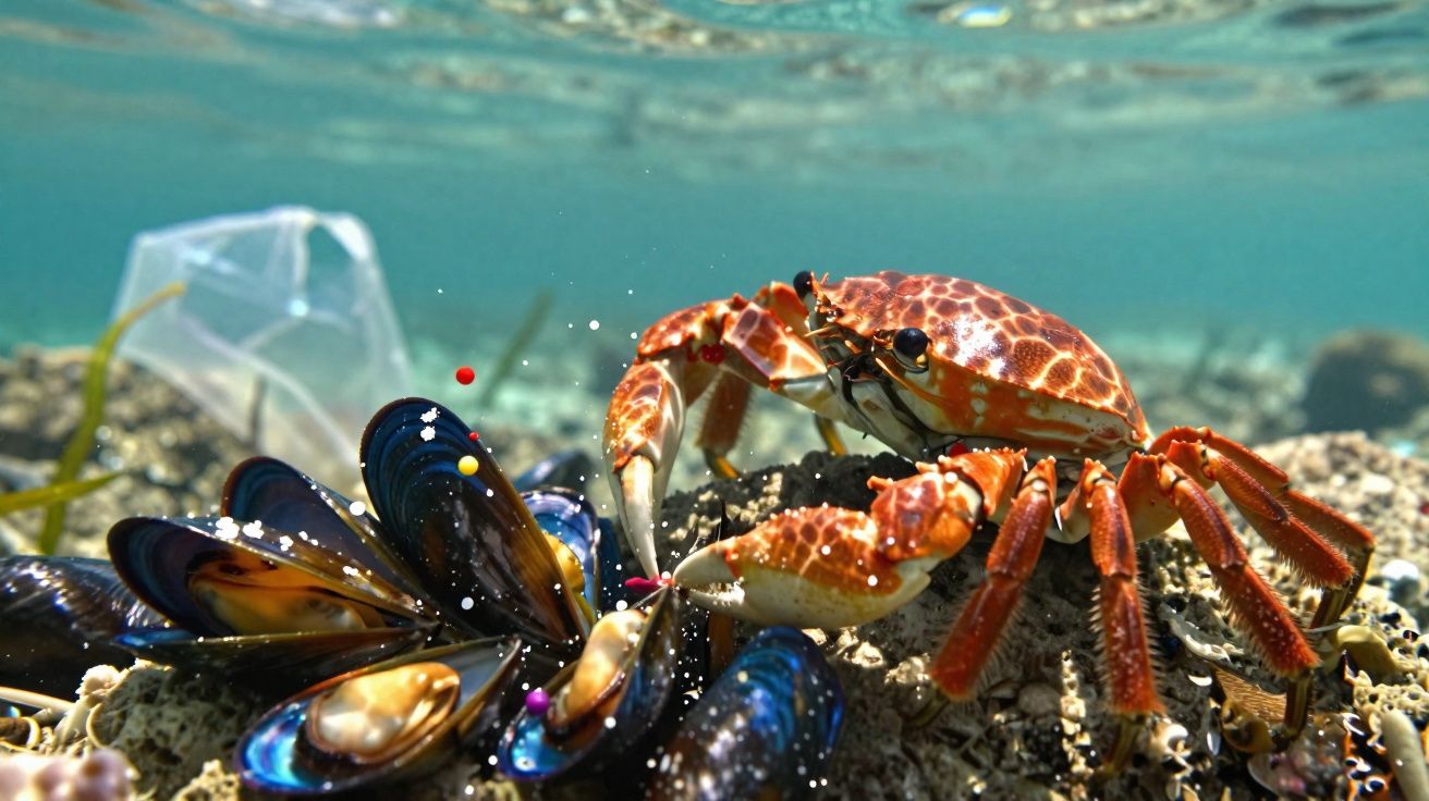 Caranguejo vermelho subaquático perto de mexilhões numa zona rochosa marinha.