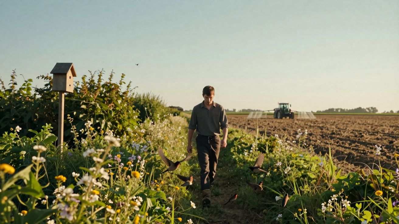 Homem a caminhar por trilho com flores e aves, com campo arado e tractor ao fundo ao pôr do sol.