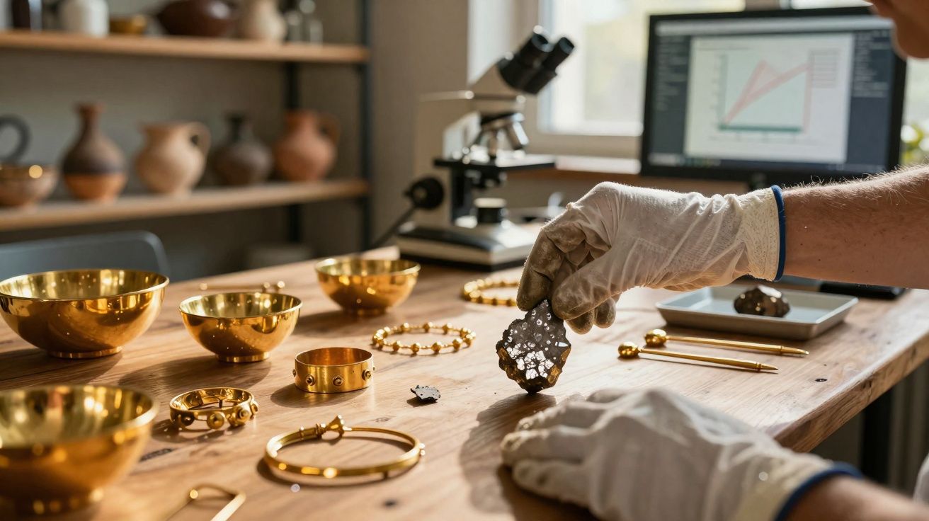 Mesa de investigação com joias douradas, ferramentas e microscópio, mãos com luvas manuseiam peça arqueológica negra.