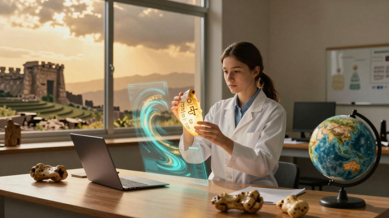 Jovem cientista em laboratório analisa osso com holograma digital e laptop numa mesa com globo terrestre.