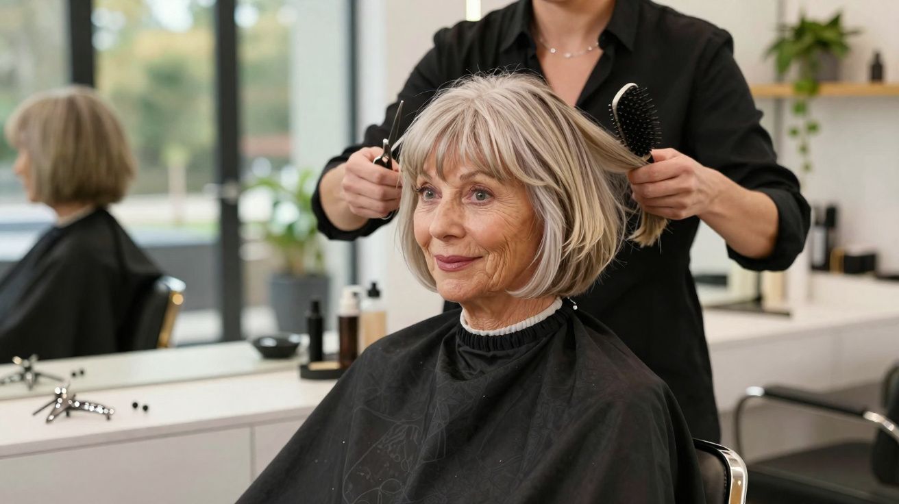 Mulher idosa sorridente a receber corte de cabelo num cabeleireiro moderno e iluminado.