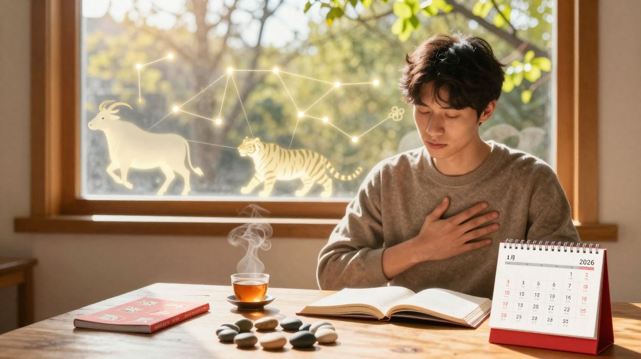Jovem sentado à mesa, a ler livro, com jogo de pedras, chá quente e calendário de janeiro de 2026.