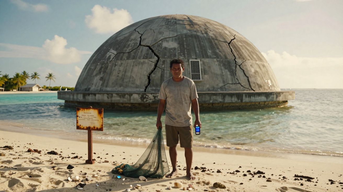 Homem com rede de pesca na praia, em frente a estrutura circular de cimento rachada, junto ao mar.