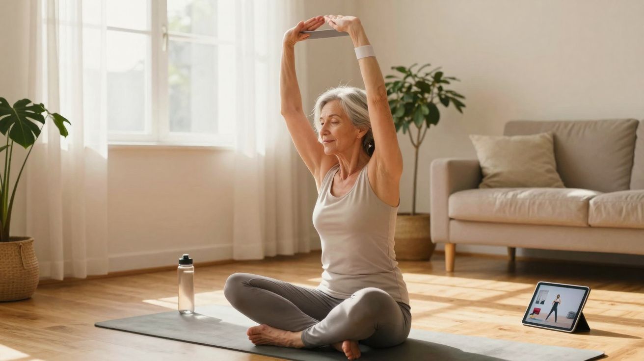Mulher idosa a meditar e alongar os braços num tapete, com tablet e garrafa ao lado numa sala iluminada.
