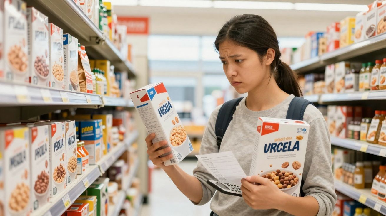 Mulher asiática em supermercado a comparar dois pacotes de cereais na mão com expressão preocupada.