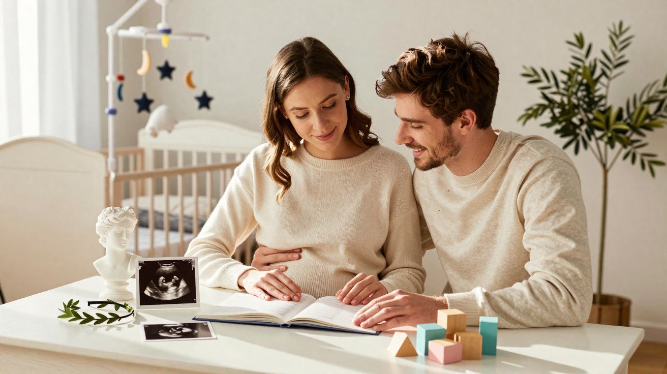 Casal grávido a olhar para um livro numa mesa com ecografias e blocos coloridos num quarto de bebé.