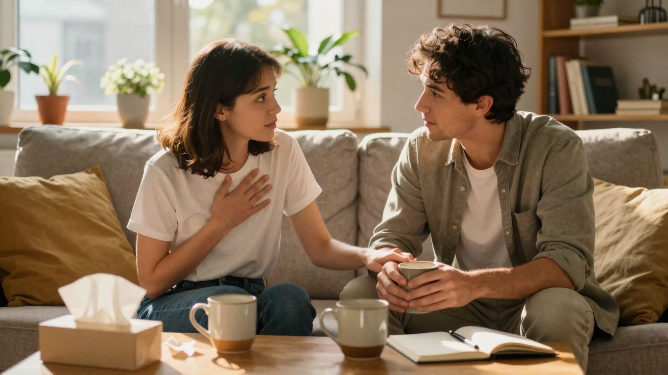 Casal sentado no sofá a conversar, ela com mão no peito e ele a segurá-la pela mão, com canecas na mesa.