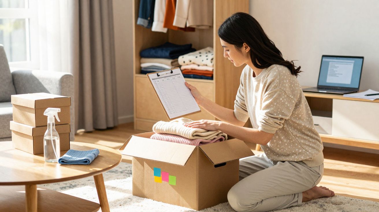 Mulher organiza roupas numa caixa de cartão, segurando uma lista, numa sala iluminada e arrumada.