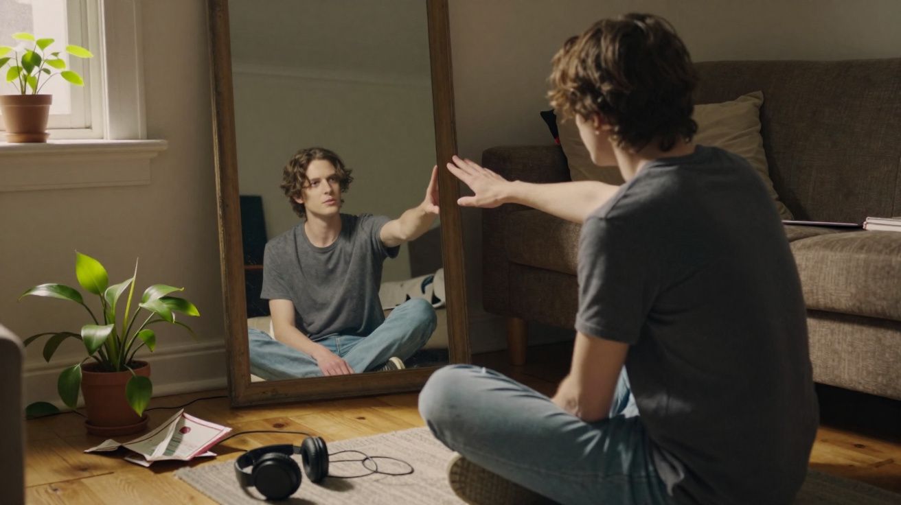 Jovem sentado no chão a tocar num espelho grande encostado à parede numa sala iluminada.