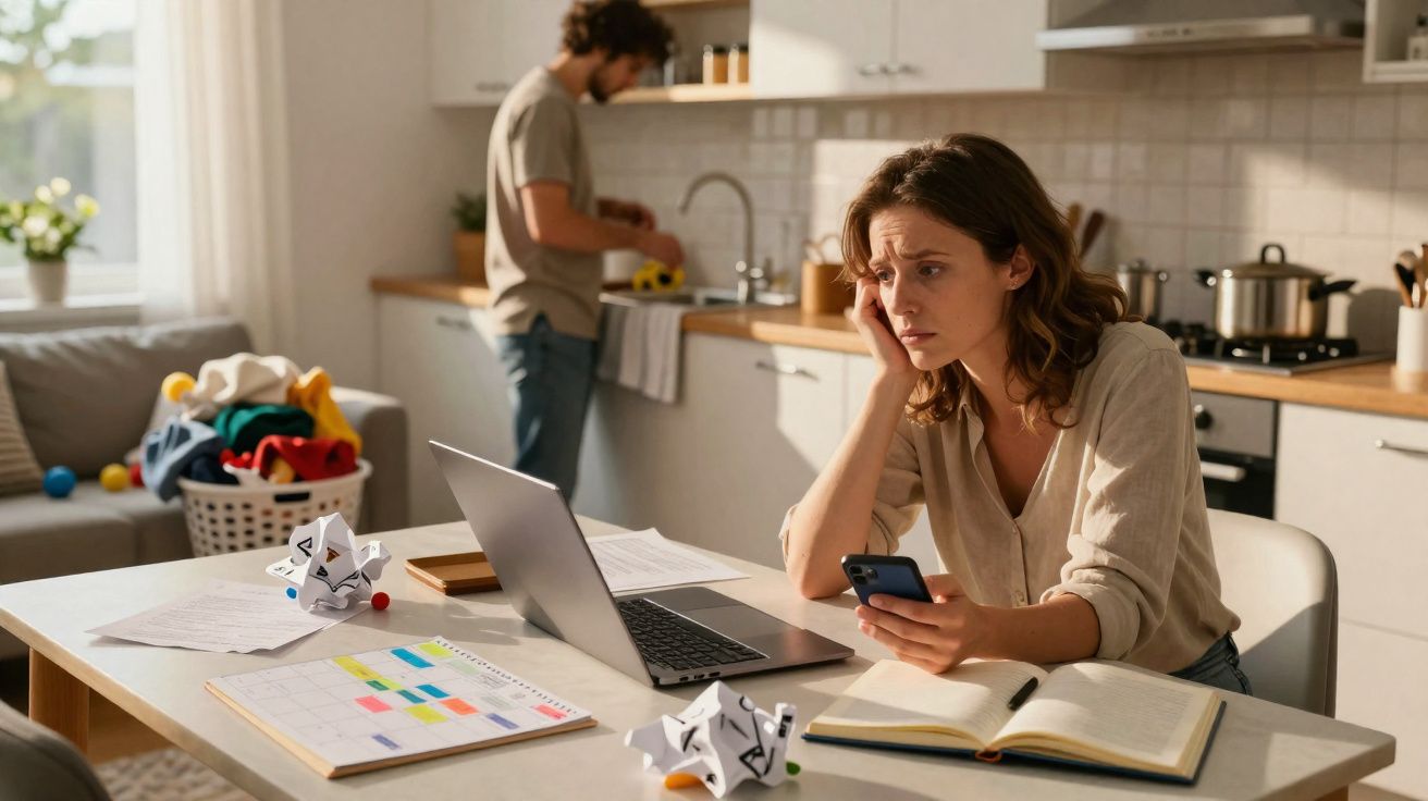 Mulher preocupada ao telefone, sentada na cozinha com computador e documentos, homem ao fundo a lavar louça.