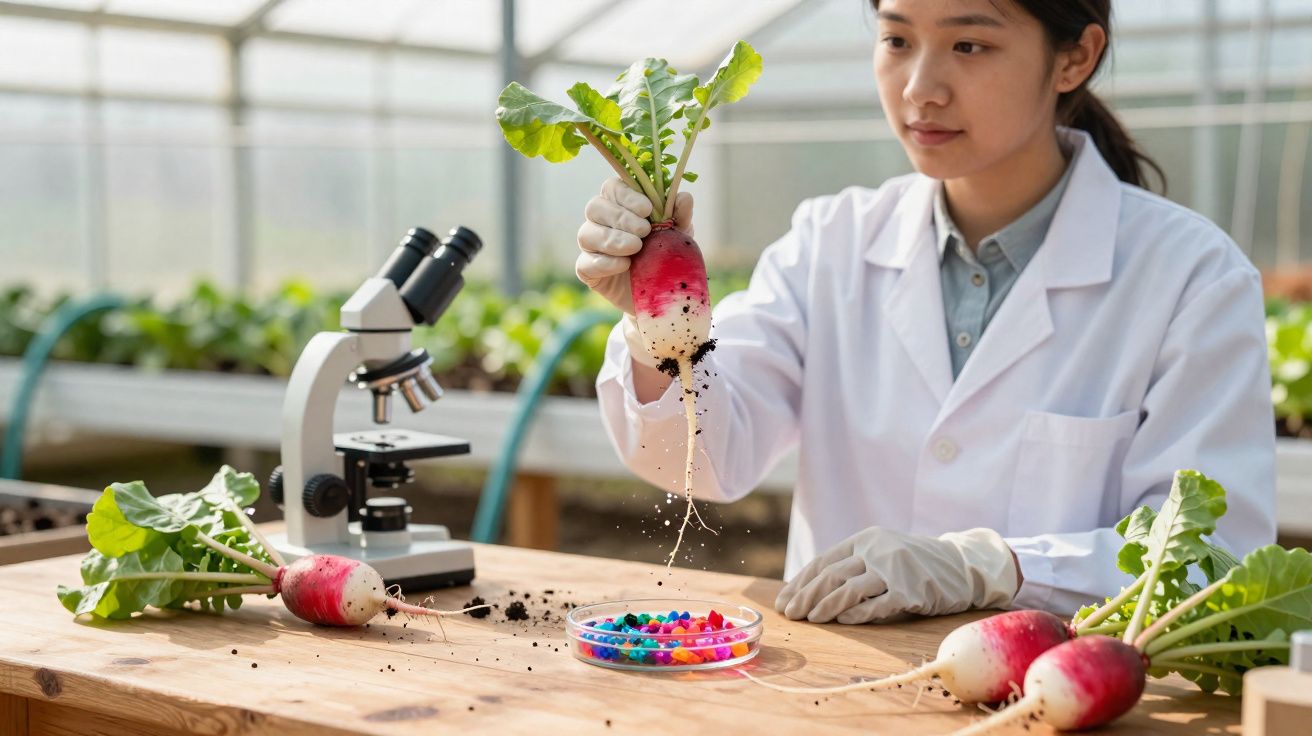 Cientista em laboratório a examinar rabanete e a manusear petri com amostras coloridas, com microscópio ao lado.