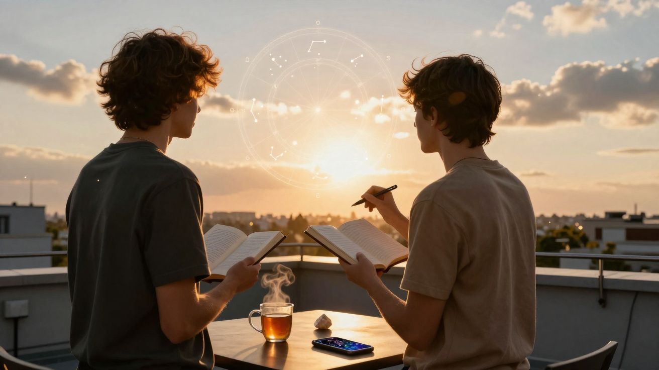 Duas pessoas com livros na mão, observando o pôr do sol numa varanda com chá quente na mesa.