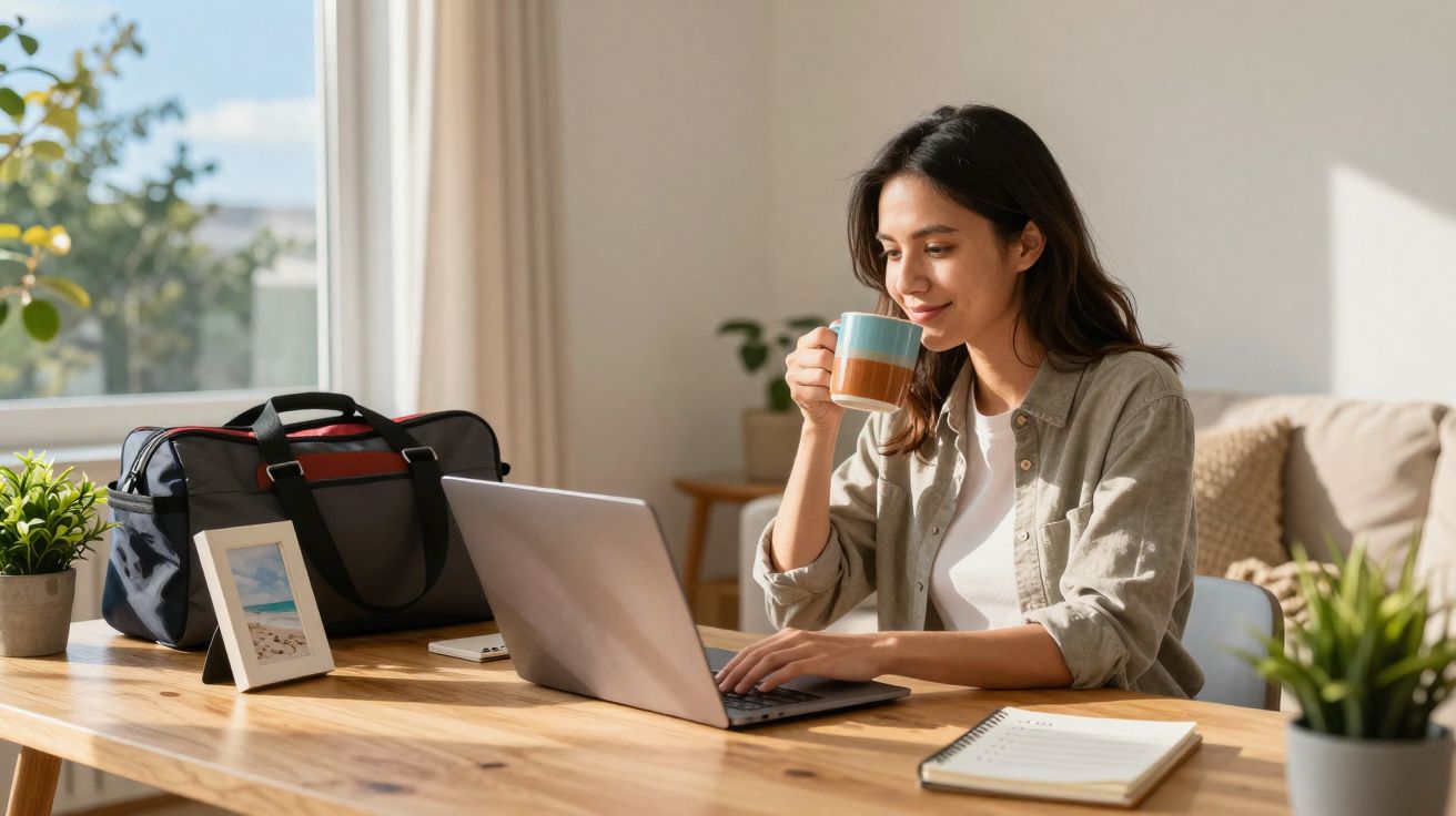 Mulher sentada a trabalhar num portátil, a beber uma chávena de café numa mesa com plantas e objetos pessoais.