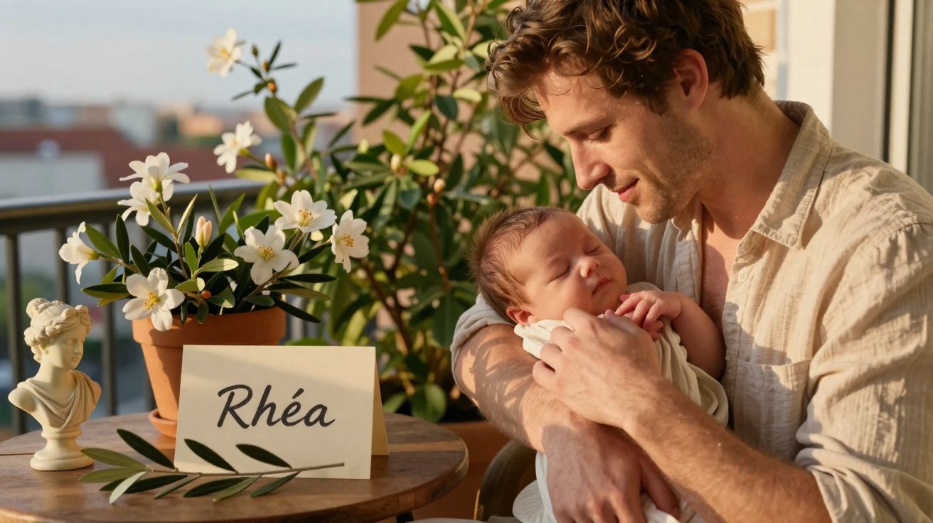 Homem abraça bebé adormecido perto de mesa com flores brancas e cartão com o nome Rhéa.
