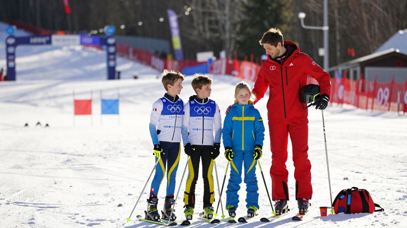 Instrutor de esqui conversa com três crianças numa pista de neve durante treino.