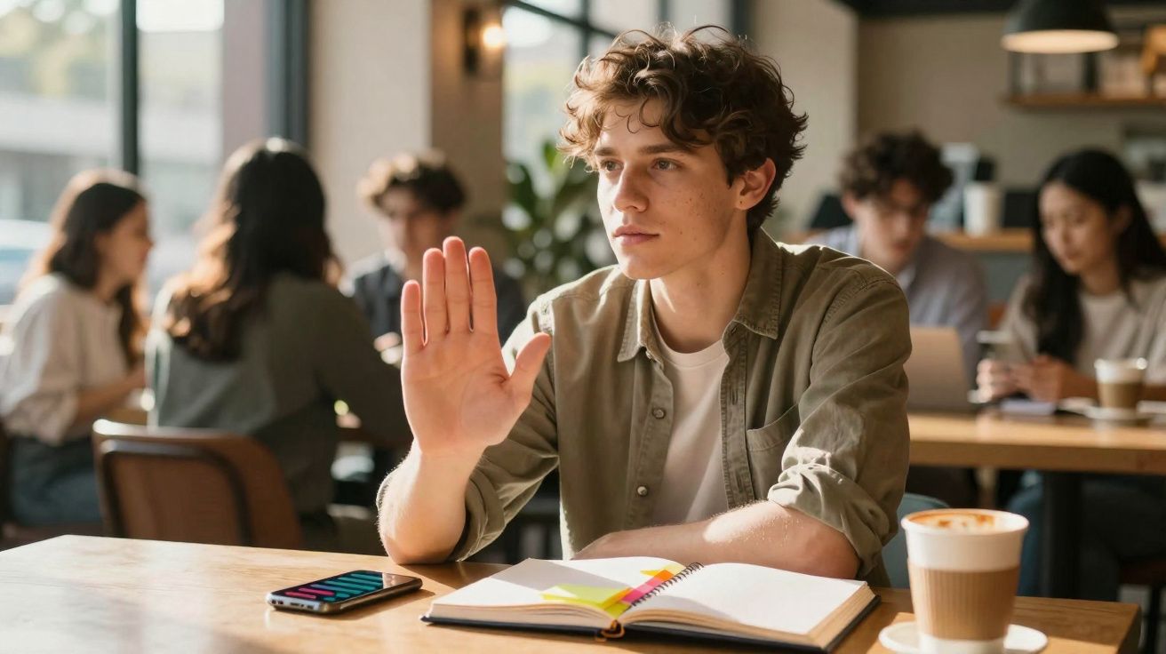 Jovem sentado numa mesa com caderno aberto, a levantar a mão num café com outras pessoas ao fundo.
