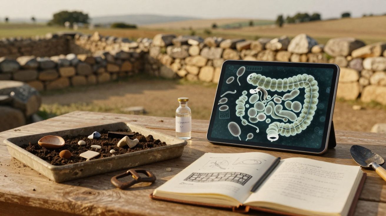 Mesa de madeira com terra, fragmentos, frasco, livro aberto e tablet mostrando microbioma intestinal ao ar livre.