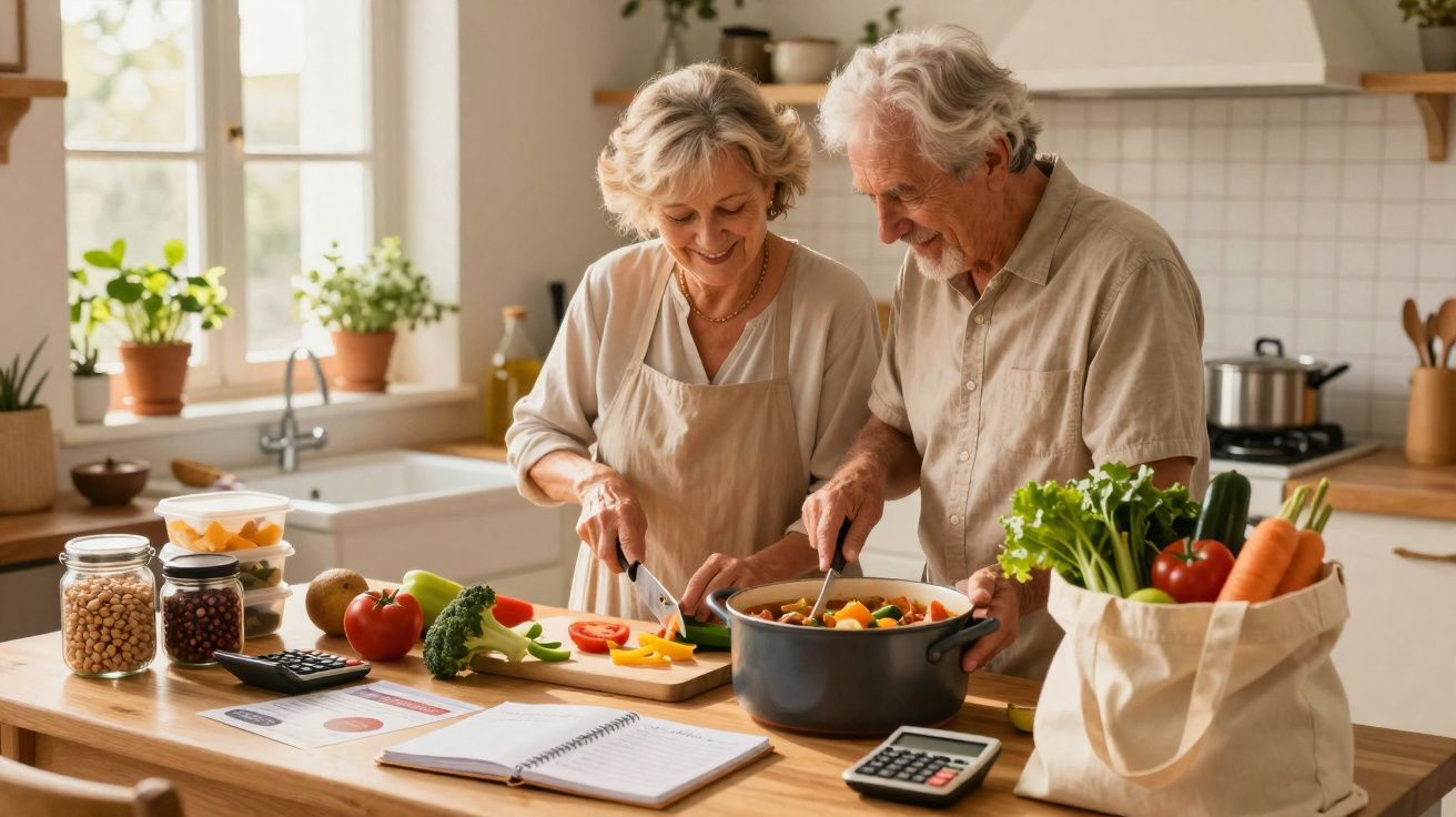 Casal sénior a preparar legumes frescos juntos numa cozinha luminosa e acolhedora.