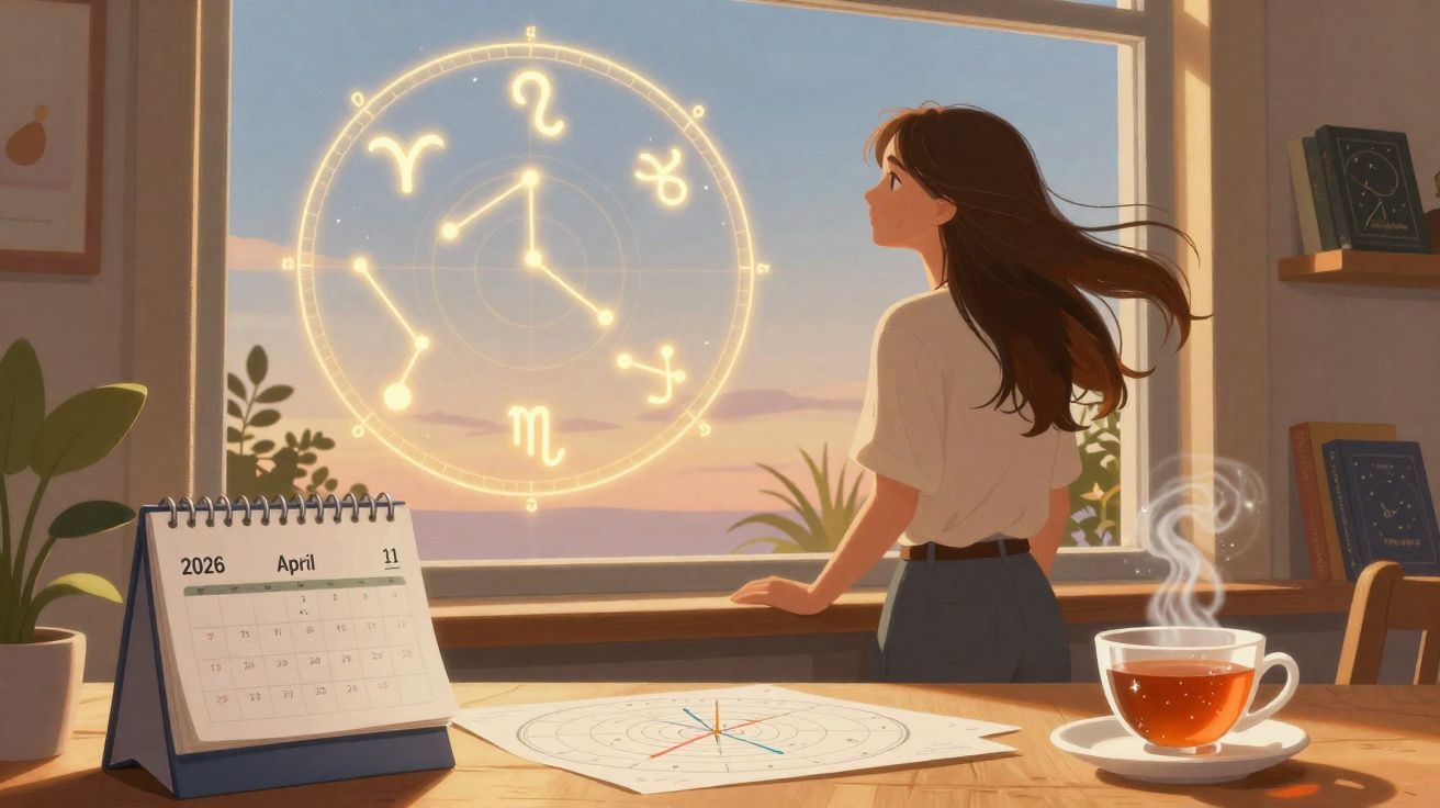 Mulher observa signos astrológicos luminosos na janela ao pôr do sol com chá e calendário na mesa.