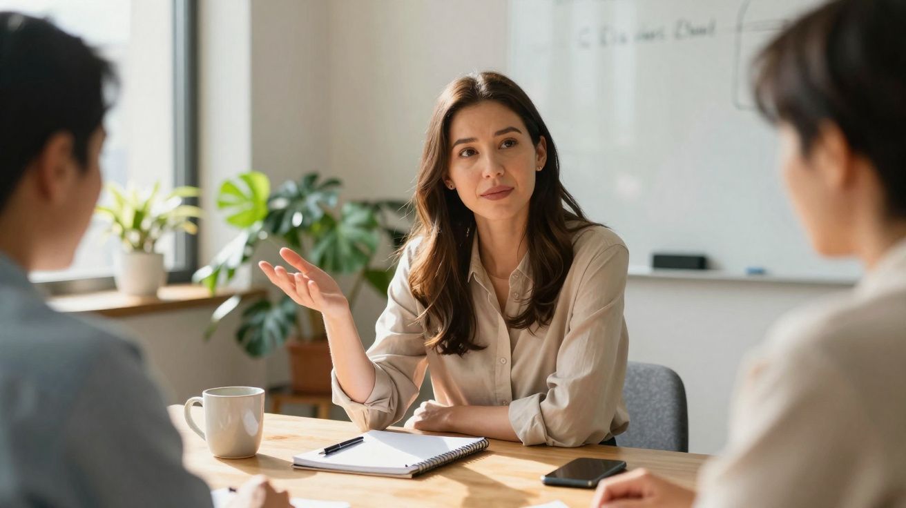 Mulher a conversar com colegas sentados à mesa numa sala de escritório iluminada e com plantas.