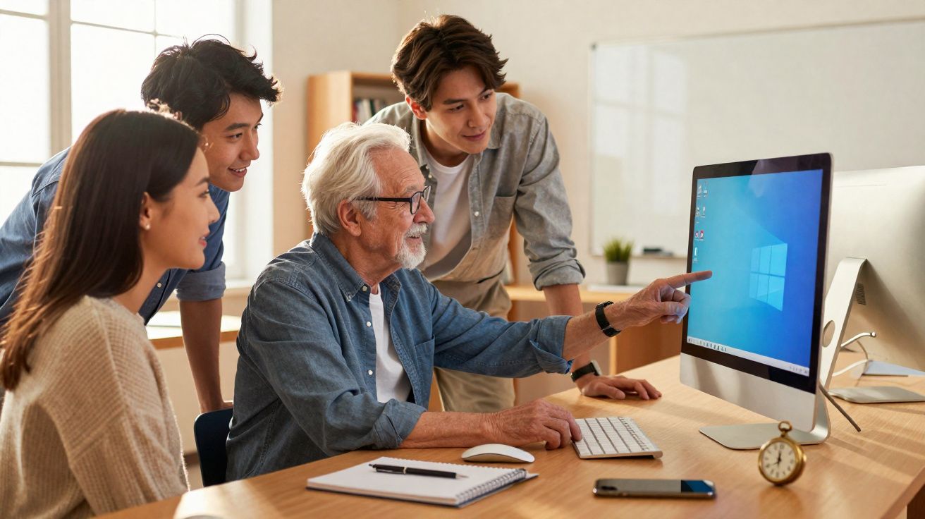 Homem idoso ensina jovens a utilizar computador num escritório com ambiente descontraído.