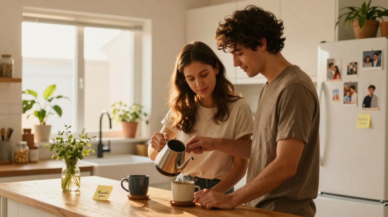 Casal prepara chá na cozinha iluminada com luz natural, envolvendo um momento tranquilo e íntimo.