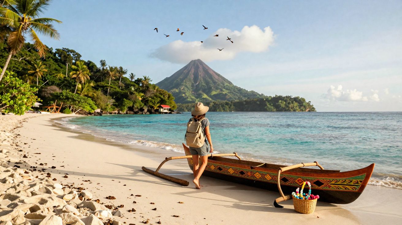 Pessoa com mochila junto a canoa decorada na praia, com montanha e céu azul ao fundo.