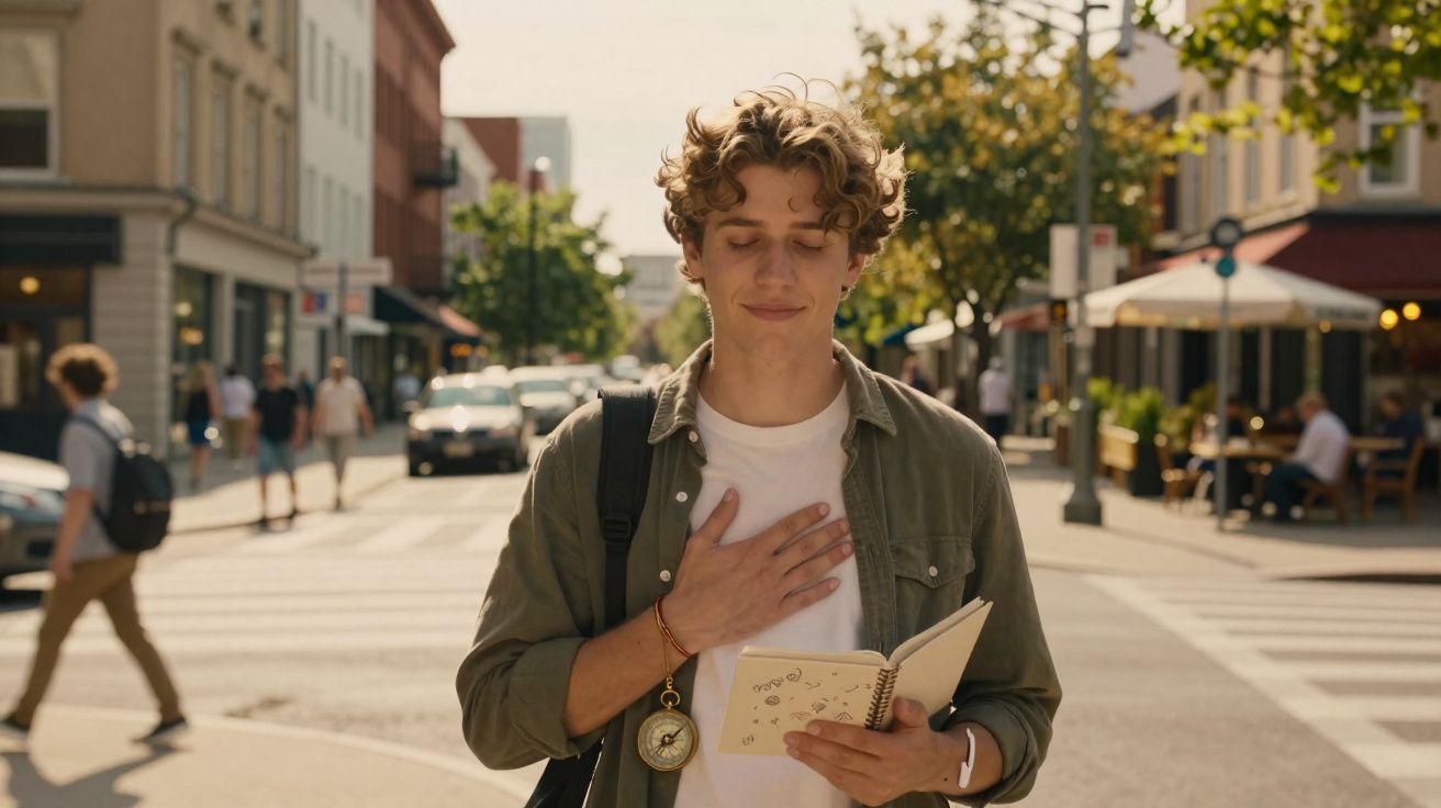 Rapaz com olhos fechados segura caderno e mão no peito numa rua movimentada ao sol.