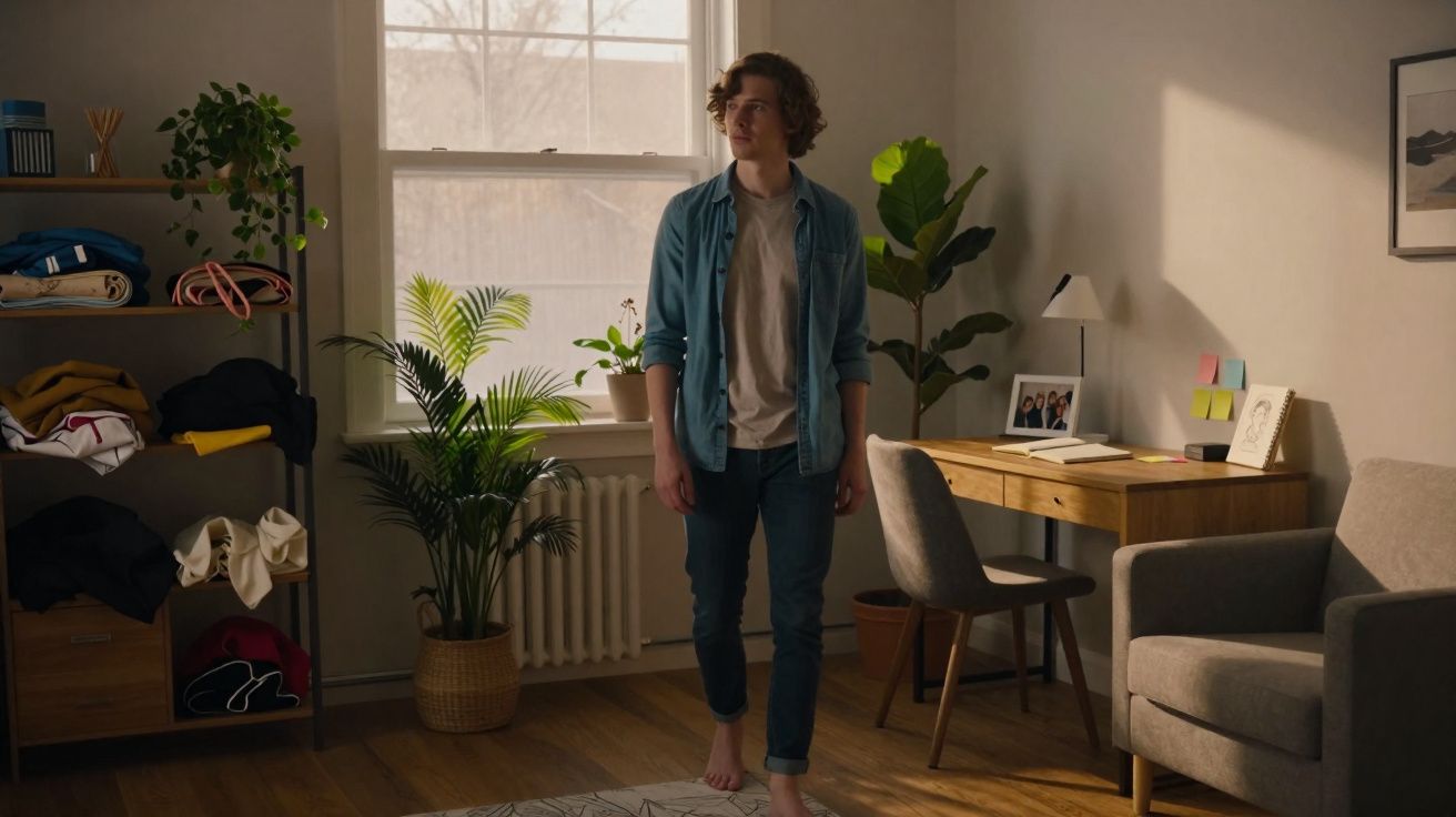 Jovem descalço no meio de um quarto arrumado com plantas, mesa, cadeira e estante com roupa.