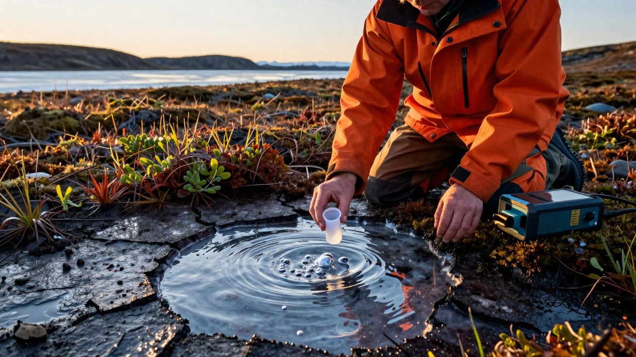 Pessoa de casaco laranja recolhe amostra de água numa poça natural numa paisagem aberta ao pôr do sol.
