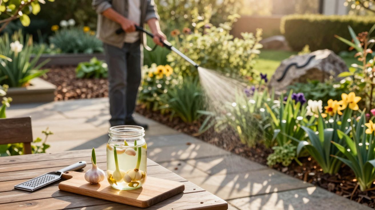 Pessoa a regar jardim florido ao fundo e frasco com dentes de alho em água em foco à frente.