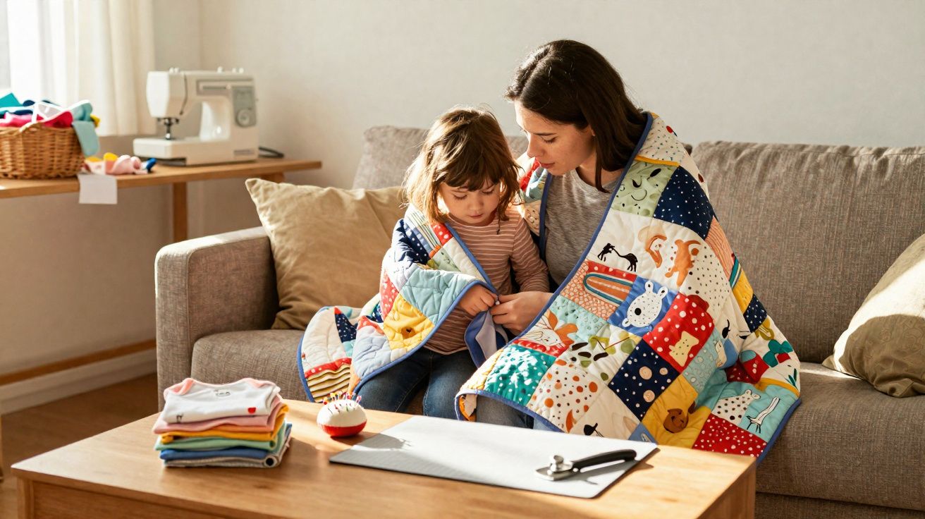 Mulher e menina enroladas numa manta colorida sentadas no sofá numa sala com materiais de costura.