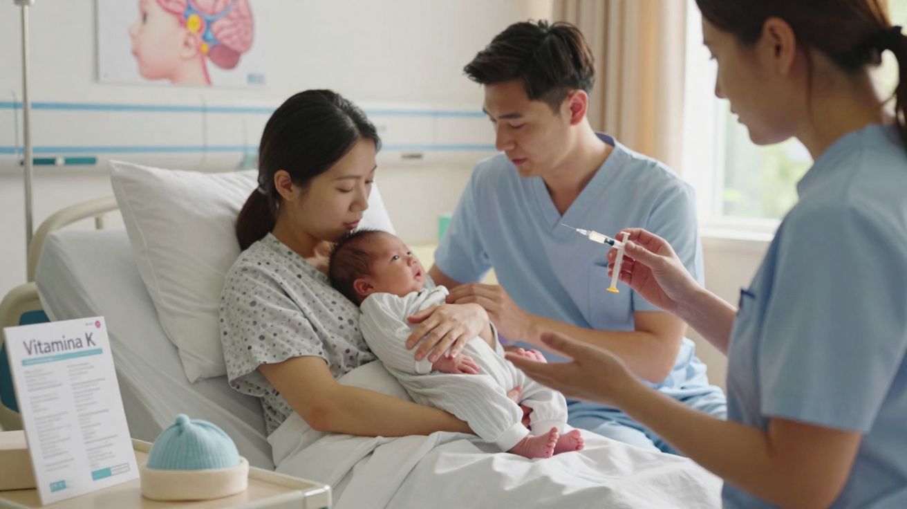 Mãe segura bebé no hospital enquanto pai observa e enfermeira prepara vacina de vitamina K.